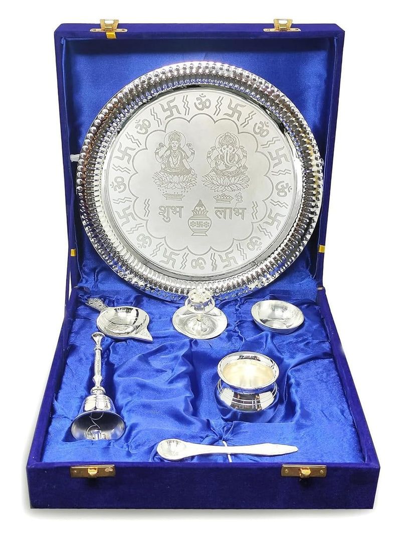 NOBILITY Pooja Thali Set Silver Plated with Blue Gift Box Designed Puja Plate 22 CM Bowl Ghanti Kalash Spoon Dhup Dan Diya for Home Office Diwali Wedding Return Gift Items