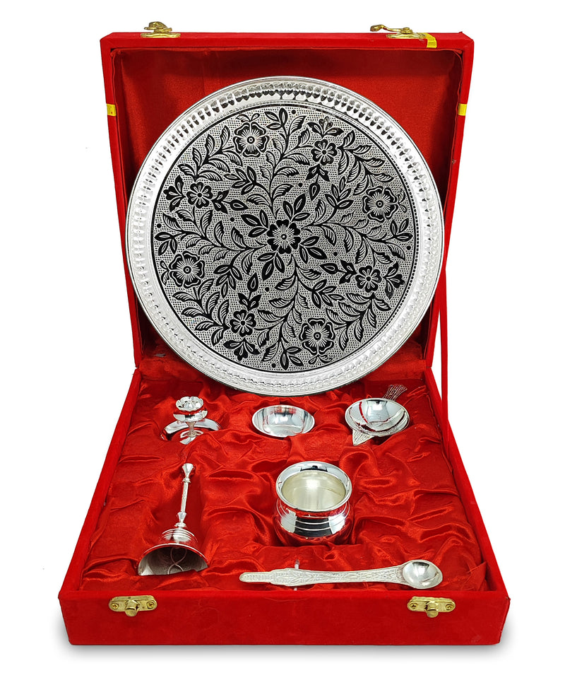 NOBILITY Pooja Thali Set Silver Plated with Red Gift Box Designed 9 Inch Puja Plate Kalash Bowl Ghanti Spoon Dhup Dan Diya for Home Office Diwali Wedding Return Gift Items