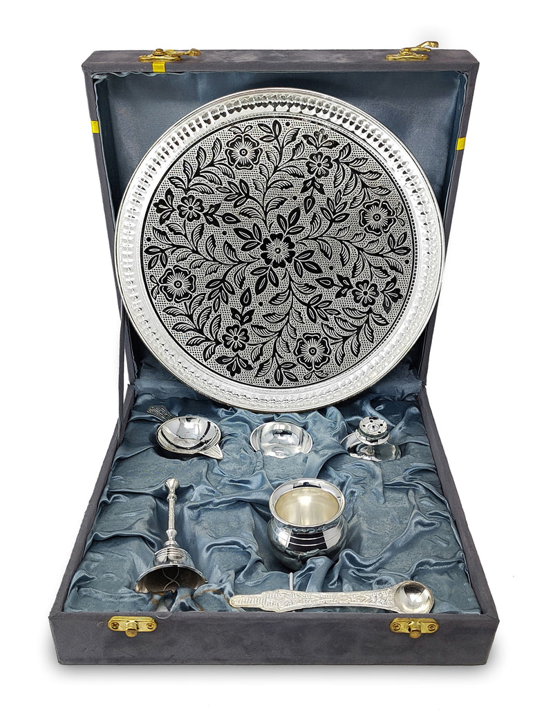 NOBILITY Pooja Thali Set Silver Plated with Gray Gift Box Designed 9 Inch Puja Plate Kalash Bowl Ghanti Spoon Dhup Dan Diya for Home Office Diwali Wedding Return Gift Items