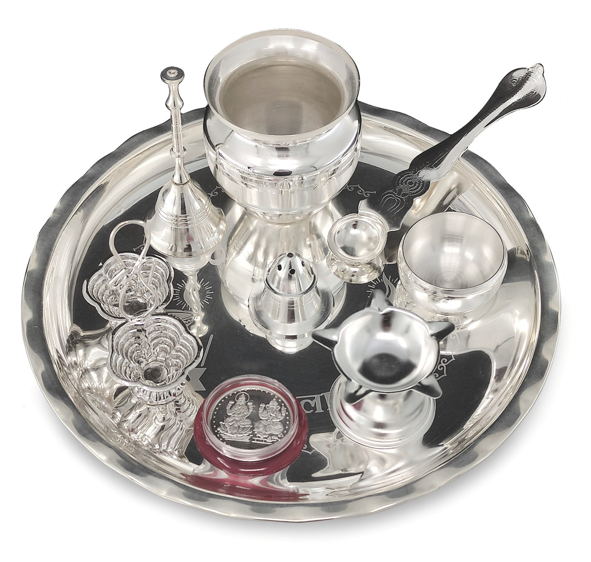 Bengalen Silver Plated Pooja thali Set 8 Inch with Plate Ghanti Bowl Spoon Coin Dhup Dan Diya Kumkum Stand Puja Thali for Home Mandir Office Wedding Return Diwali Gift Items