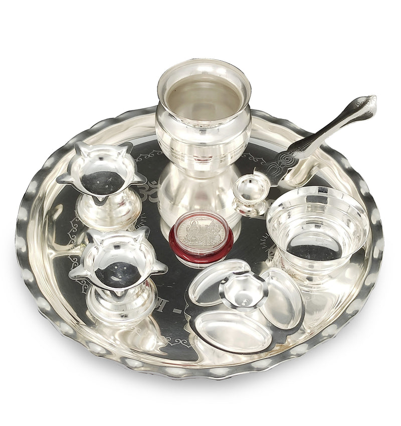 NOBILITY Silver Plated Pooja thali Set 9.5 Inch with Plate Bowls Ghanti Kalash Palli Diya Dhup Dan Puja Thali for Home Mandir Office Diwali Wedding Return Gift Items