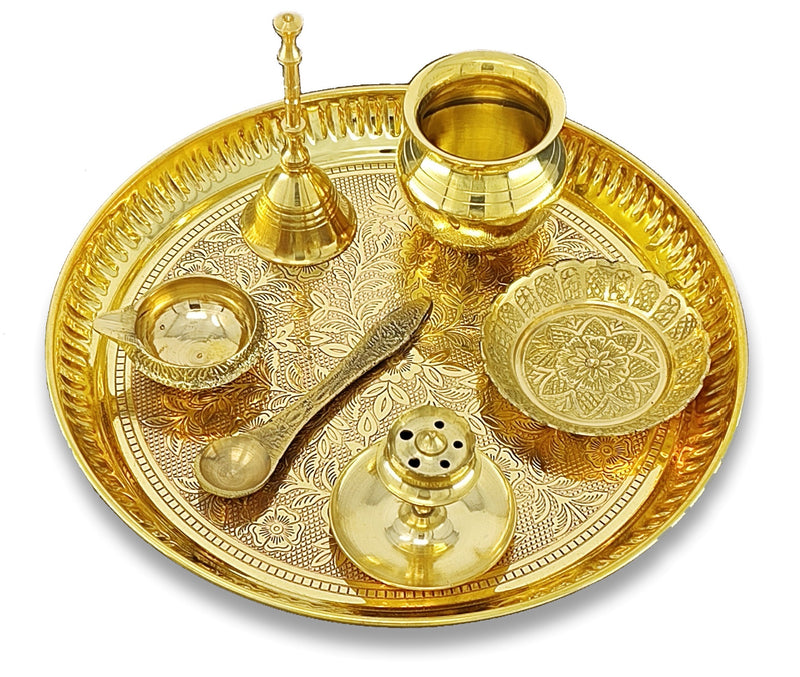 NOBILITY Brass Pooja Thali Set 8 Inch Puja Thali with Pital Designed Plate Kalash Kangura Plate Dhup Dan Kuber Diya Ghanti Palli for Diwali Home Office Mandir Wedding Return Gift Items