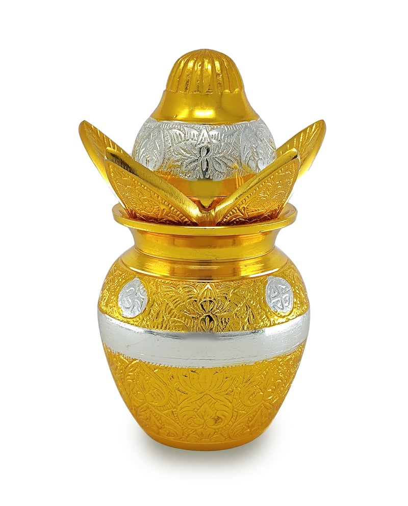 NOBILITY German Silver Gold Plated Pooja Kalash lota Coconut Leaves with Royal Velvet Box Poojan Home Temple Diwali Wedding Gift Items