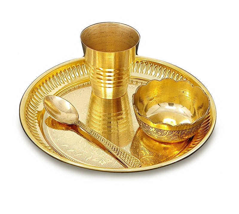 NOBILITY Brass Pooja Thali Set 6 Inch Puja Thali with Pital Plate Bowl Spoon Glass Arti Bhog Thali for Diwali Home Office Mandir Wedding Return Gift Items