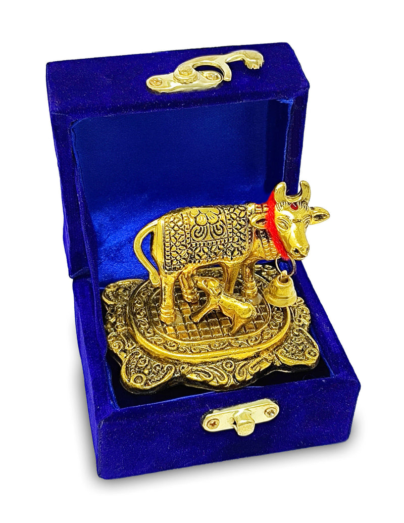 NOBILITY Golden Small Kamdhenu Cow with Calf Metal Statue with Blue Gift Box Decorative Item Showpiece for Home Office Diwali Decoration items Wedding Return Gifts