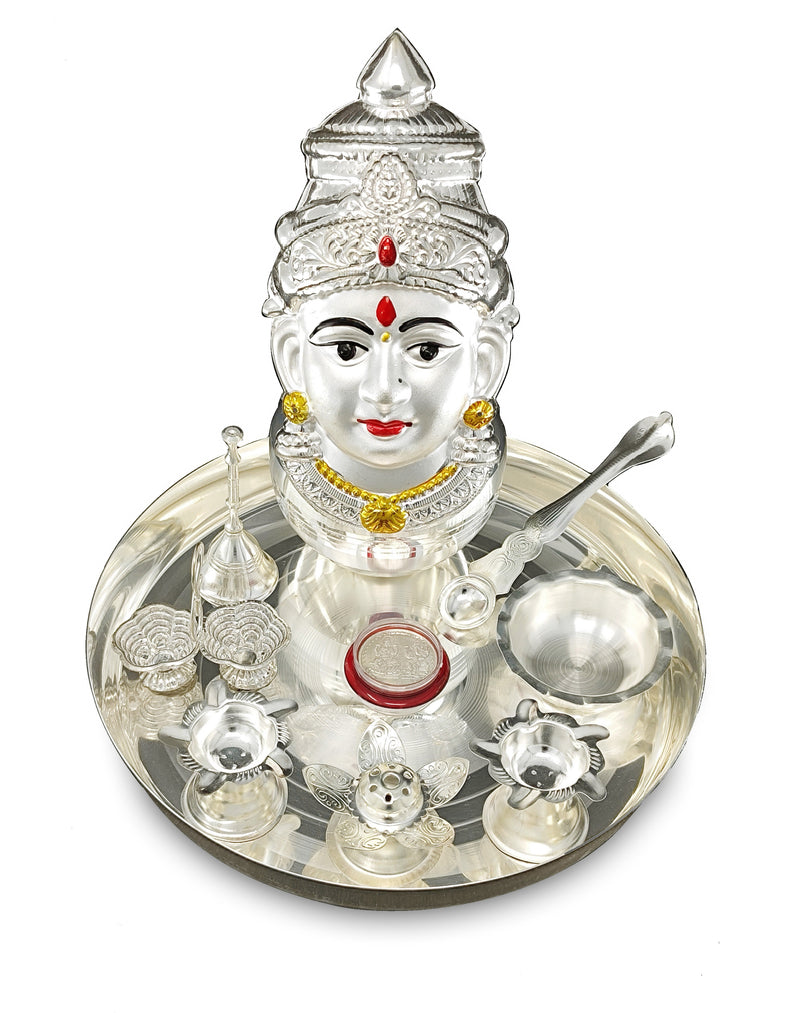 NOBILITY Silver Plated Pooja thali Set with Varalakshmi Devi Mukhota Idol Statue