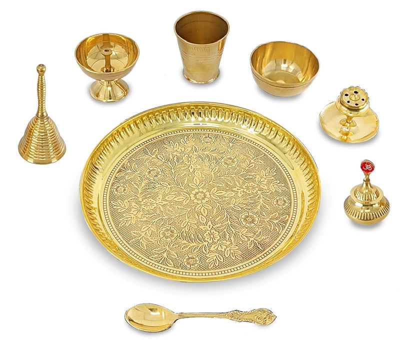 NOBILITY Brass Pooja Thali Set 8 Inch Puja Thali with Pital Plate Glass Bowl Piyali Diya Dhup Dan Sindoor Dibbi Ghanti Spoon Arti Thali for Diwali Home Office Mandir Wedding Return Gift Items