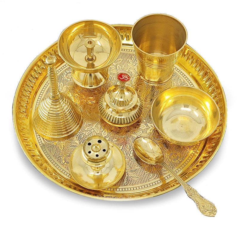 NOBILITY Brass Pooja Thali Set 8 Inch Puja Thali with Pital Plate Glass Bowl Piyali Diya Dhup Dan Sindoor Dibbi Ghanti Spoon Arti Thali for Diwali Home Office Mandir Wedding Return Gift Items