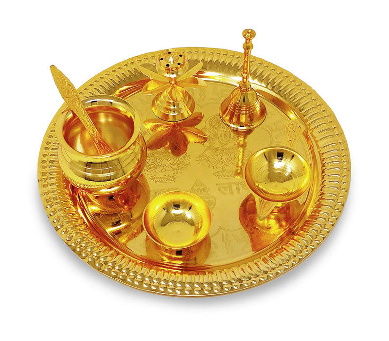 NOBILITY Pooja Thali Set Gold Plated with Red Gift Box Designed Puja Plate 22 CM Bowl Ghanti Kalash Spoon Dhup Dan Diya for Home Office Diwali Wedding Return Gift Items