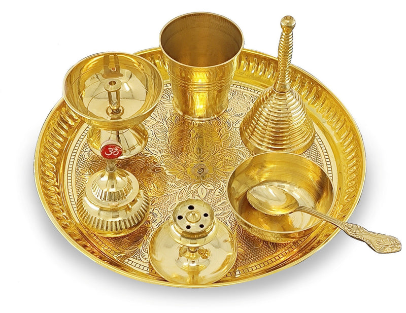 NOBILITY Brass Pooja Thali Set 8 Inch Puja Thali with Pital Plate Glass Bowl Piyali Diya Dhup Dan Sindoor Dibbi Ghanti Spoon Arti Thali for Diwali Home Office Mandir Wedding Return Gift Items