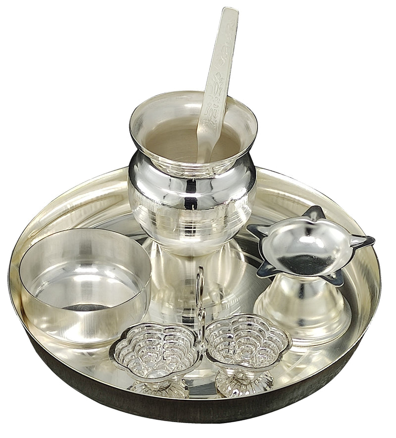 NOBILITY Silver Plated Pooja Thali Set 6 Inch Regular Puja Decorative for Home Mandir Office Wedding Return Gift Items