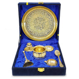 Brass Pooja Thali Set with Blue Gift Box 6 Inch Pital Plate Kalash Spoon Chandan Wati Dhup Dan Kuber Diya Ghanti Puja Arti Thali for Diwali Home Office Mandir Wedding Return Gifts