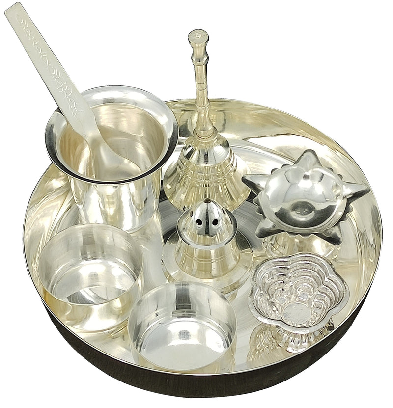 NOBILITY Silver Plated Pooja Thali Set 5 Inch Daily Puja Decorative for Home Office Wedding Return Gift Items