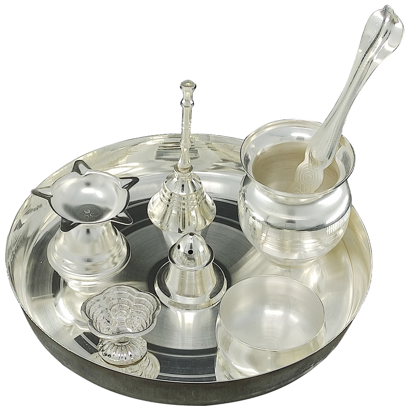 NOBILITY Silver Plated Pooja thali Set 7 Inch Plate Kalash Palli Diya Kumkum Stand Bowl Agarbatti Stand Daily Puja Thali for Diwali, Home, Temple, Office, Wedding Return Gift Items