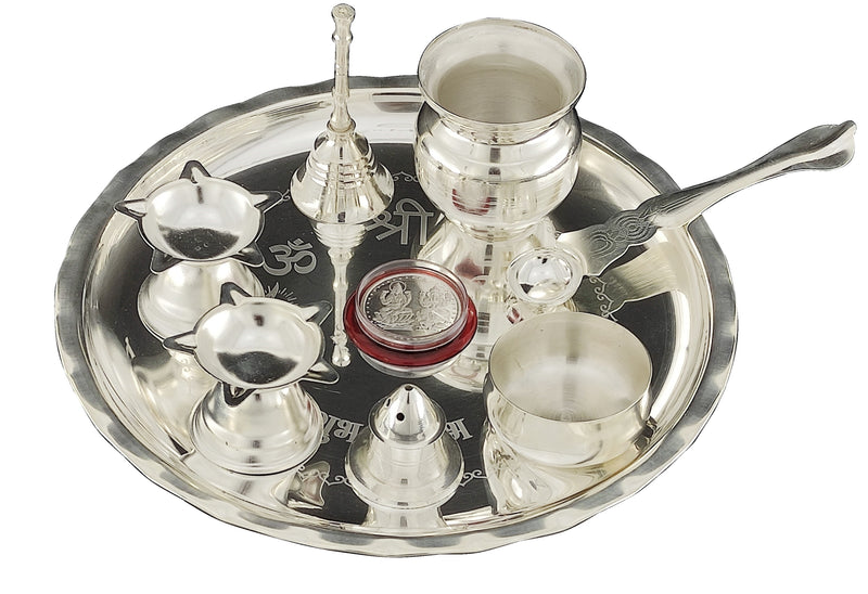 NOBILITY Silver Plated Pooja thali Set 8 Inch Plate Diya Ghanti Kalash Palli Bowl Dhup Dan Ganesh Lakshmi Coin Puja Thali for Diwali Home Mandir Office Festive Wedding Return Gift Items