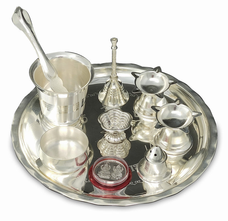 NOBILITY Silver Plated Pooja thali Set 8 Inch Plate Coin Glass Bowl Spoon Ghanti Diya Agarbatti Stand Puja Thali Decorative for Diwali Daily Home Mandir Office Wedding Return Gift Items