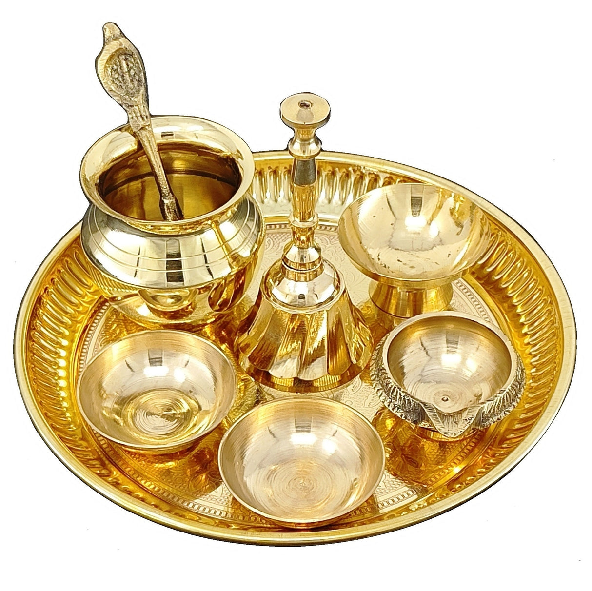 Pooja Thali Set Brass Small 6 Inch Puja Thali with Pital Plate Chandan Wati Kalash Kuber Diya Ghanti Palli Arti Thali for Diwali Home Office Mandir Wedding Return Gift Items