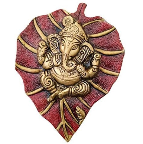 NOBILITY Metal Ganesha On Leaf Idol Wall Hanging Statue Article for Home Wall Decor, Room Decor, Best for Housewarming, Wedding Gifts