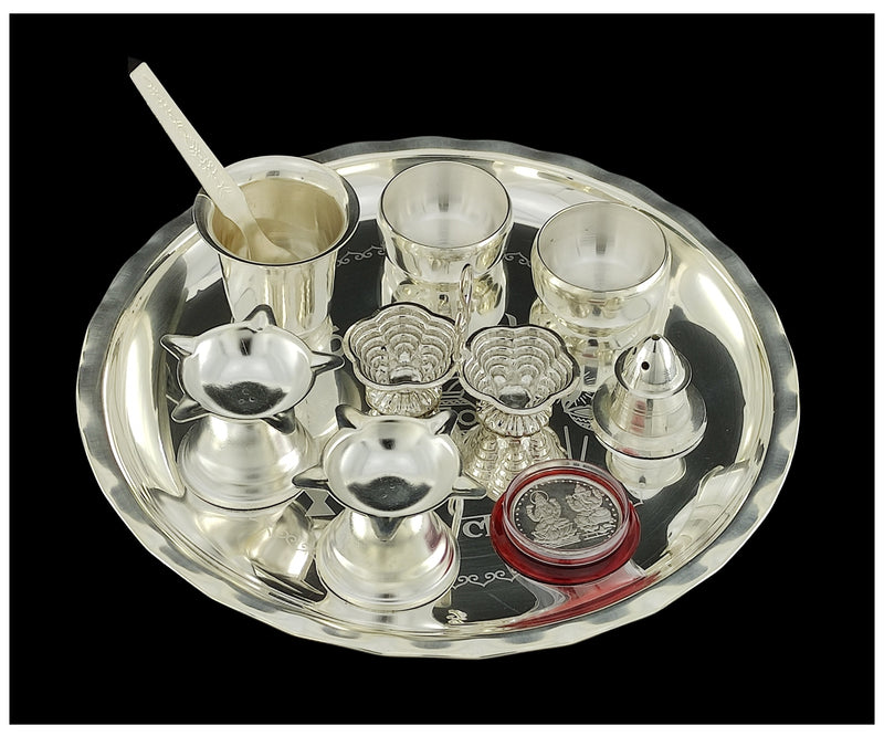 NOBILITY Silver Plated Pooja thali Set 8 Inch Ethnic Puja Thali for Diwali Daily Home Mandir Office Wedding Return Festive Gift Items