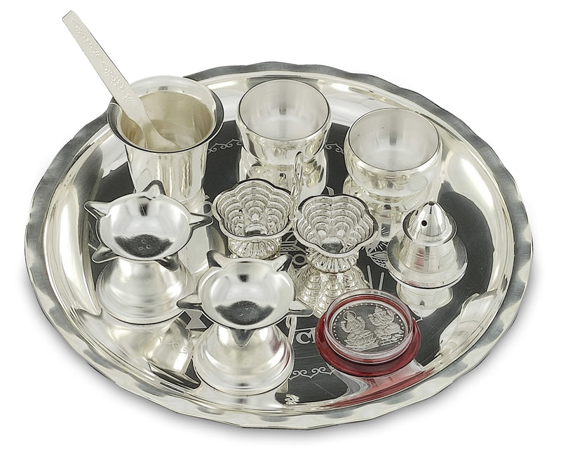 NOBILITY Silver Plated Pooja thali Set 8 Inch Ethnic Puja Thali for Diwali Daily Home Mandir Office Wedding Return Festive Gift Items