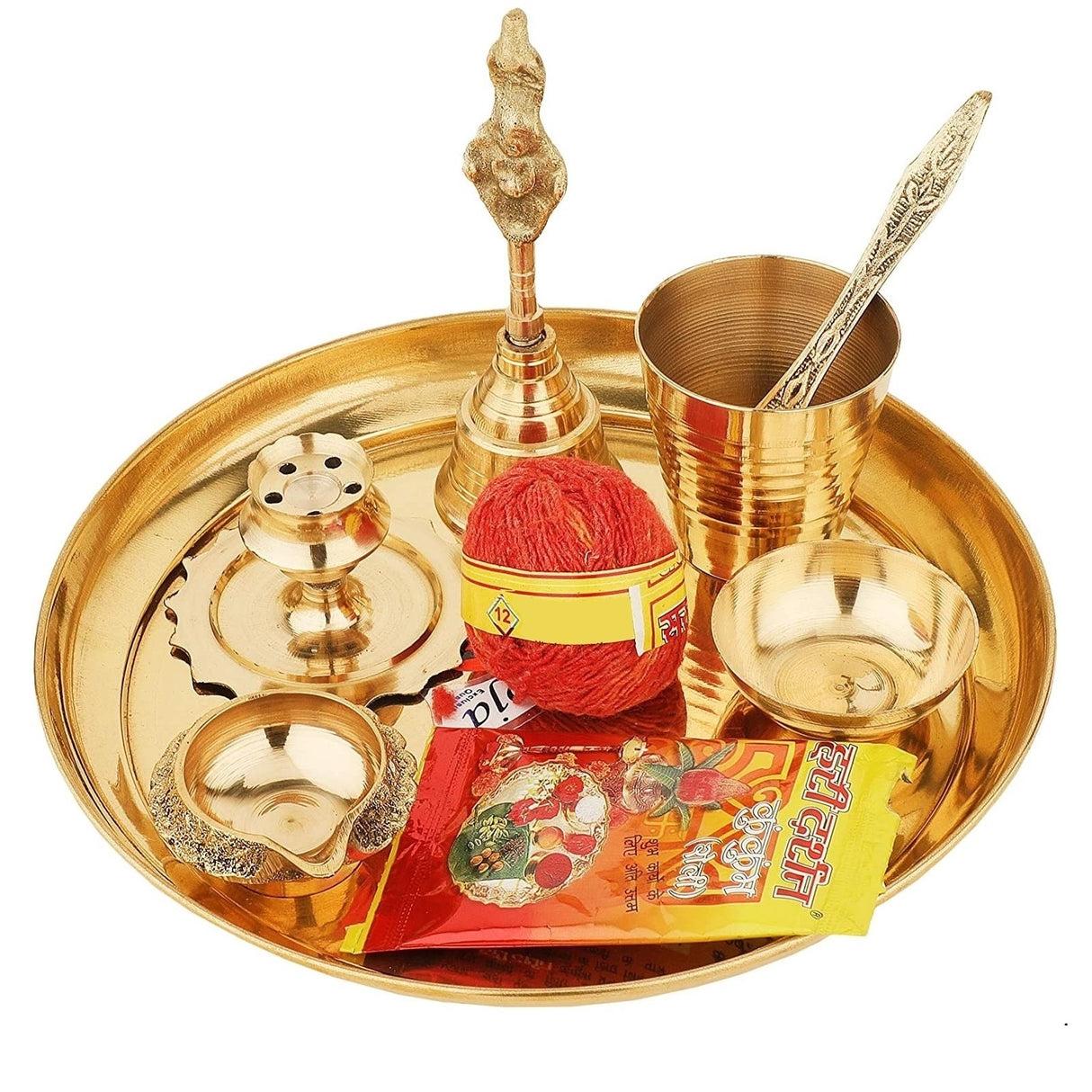 NOBILITY Brass Pooja thali 7 Inch with Kalash Kuber Diya and Other Accessories Ganesh Lakshmi Design Subh Labh Daily Puja Thali Set for Festival Home Office Mandir Diwali Gift Items