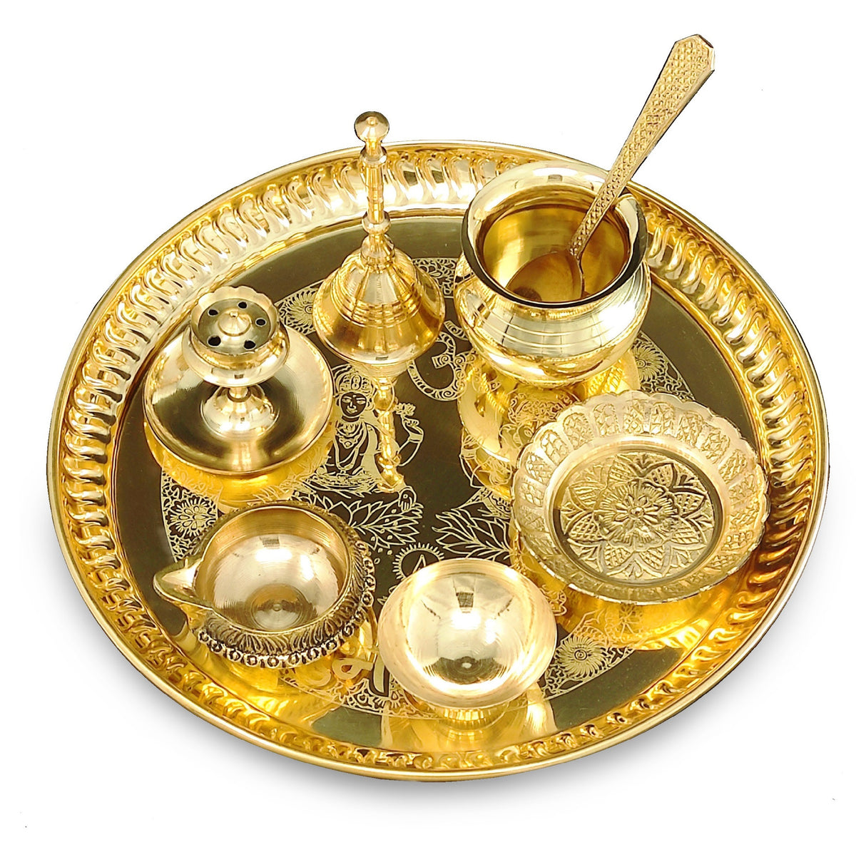 Brass Pooja thali Set 8 Inch with Pital Plate Glass Spoon Ghanti Bowl Agarbatti Stand Kuber Diya Puja Thali for Diwali Home Mandir Office Wedding Return Gift Items