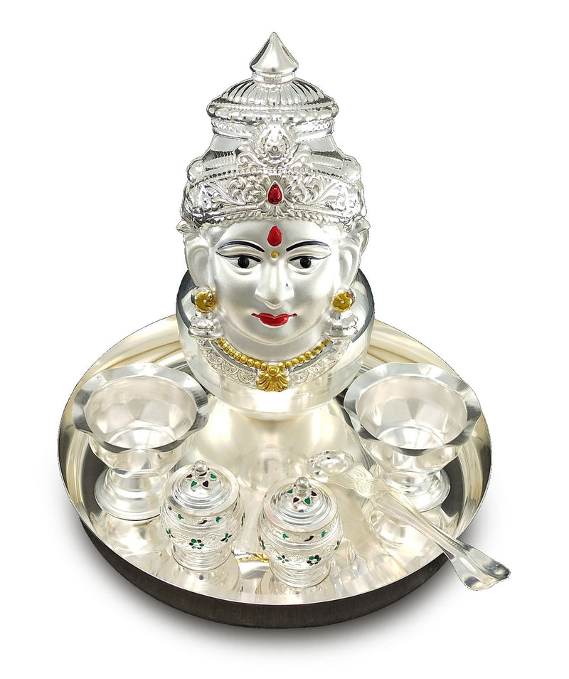 NOBILITY Silver Plated Pooja thali Set with Lakshmi Devi Mukhota Varalakshmi Idol Statue