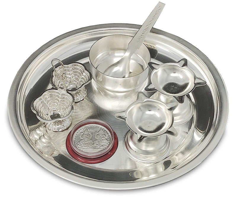 NOBILITY Silver Plated Pooja Thali Set 07 Inch with Coin and Accessories Puja Decorative Gift Items for Home Mandir Office Wedding Return