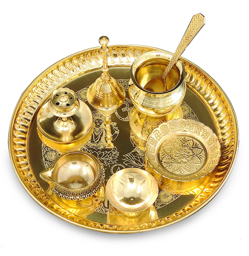 NOBILITY Brass Pooja thali Set 8 Inch with Pital Plate Dhup Dan Kalash Spoon Ghanti Bowl Kuber Diya Kangura Plate Puja Thali for Diwali Home Mandir Office Wedding Return Gift Items