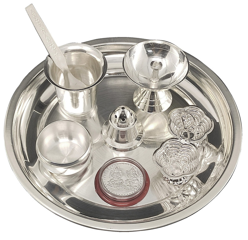 NOBILITY Silver Plated Pooja Thali Set 7 Inch with Coin, Diya and Accessories Puja Decorative Items for Home Mandir Office Wedding Return Gift