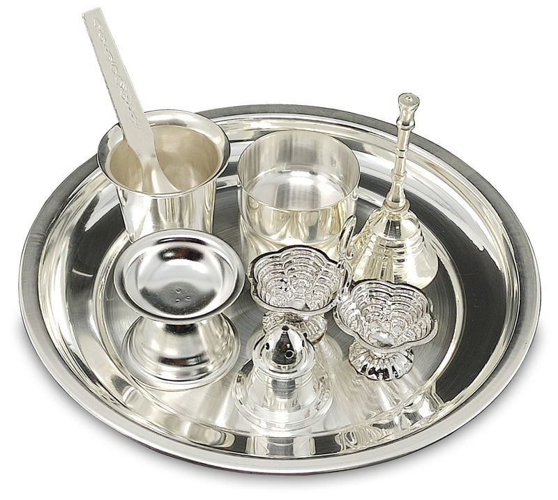 NOBILITY Silver Plated Pooja thali Set 7 Inch Plate Glash Spoon Diya Kumkum Stand Bowl Agarbatti Stand Daily Puja Thali for Diwali, Home, Temple, Office, Wedding Return Gift Items