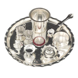 NOBILITY Silver Plated Pooja Thali Set 9.5 Inch with Plate Kalash Palli Diya Kumkum Holder Bowl Dhup Dan Coin Ghanti Puja Thali for Diwali Home Mandir Office Wedding Return Gift Items