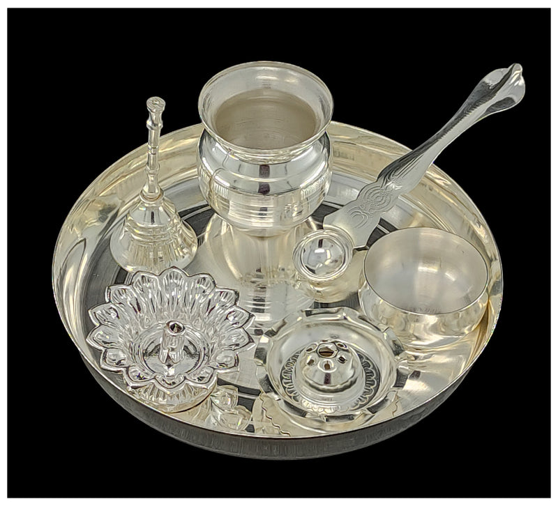 NOBILITY Silver Plated Pooja thali Set 7 Inch Festival Ethnic Puja Thali Items for Diwali Daily Home Mandir Office Wedding Return Gift