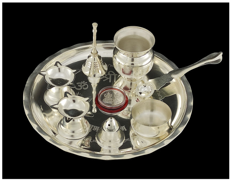 NOBILITY Silver Plated Pooja thali Set 8 Inch Plate Diya Ghanti Kalash Palli Bowl Dhup Dan Ganesh Lakshmi Coin Puja Thali for Diwali Home Mandir Office Festive Wedding Return Gift Items