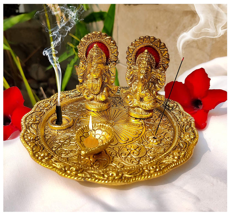NOBILITY Pooja thali Set with Ganesha Laxmi Idol Statue Diya for Festival Ethnic Metal Puja Thali Gift for Diwali, Home, Temple, Office, Wedding Return Diwali Gift Items