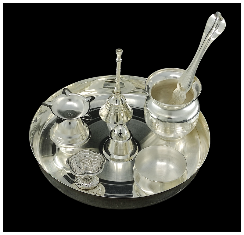 NOBILITY Silver Plated Pooja thali Set 7 Inch Plate Kalash Palli Diya Kumkum Stand Bowl Agarbatti Stand Daily Puja Thali for Diwali, Home, Temple, Office, Wedding Return Gift Items