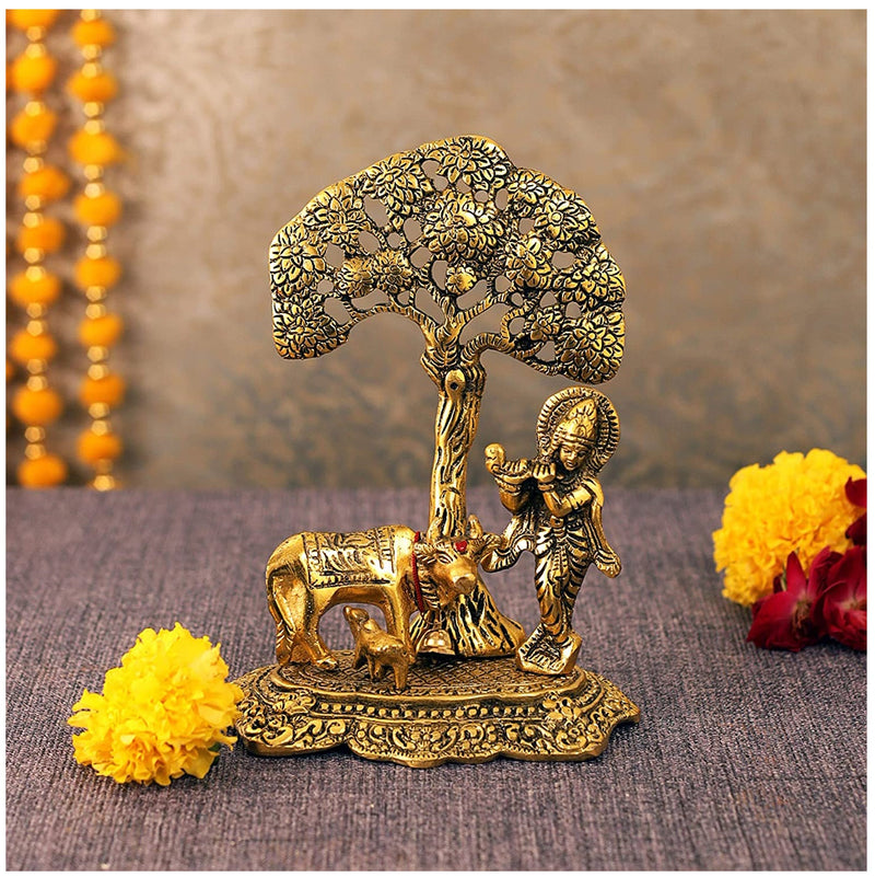 NOBILITY Krishna Statue Idol with Cow and Calf Under Tree Idol Hindu Puja Religious Murti for Janmashtami Diwali Home Decoration Temple Pooja Decor Wedding Return Gift Items