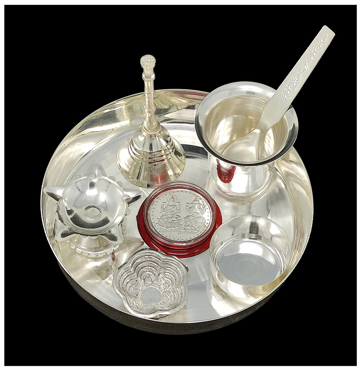 NOBILITY Silver Plated Pooja Thali Set Small 5 Inch Plate Kumkum Holder Diya Ghanti Glass Spoon Bowl Ganesh Laxmi Coin Premium Puja Decorative for Diwali Gift Home Office Wedding Return Gifts