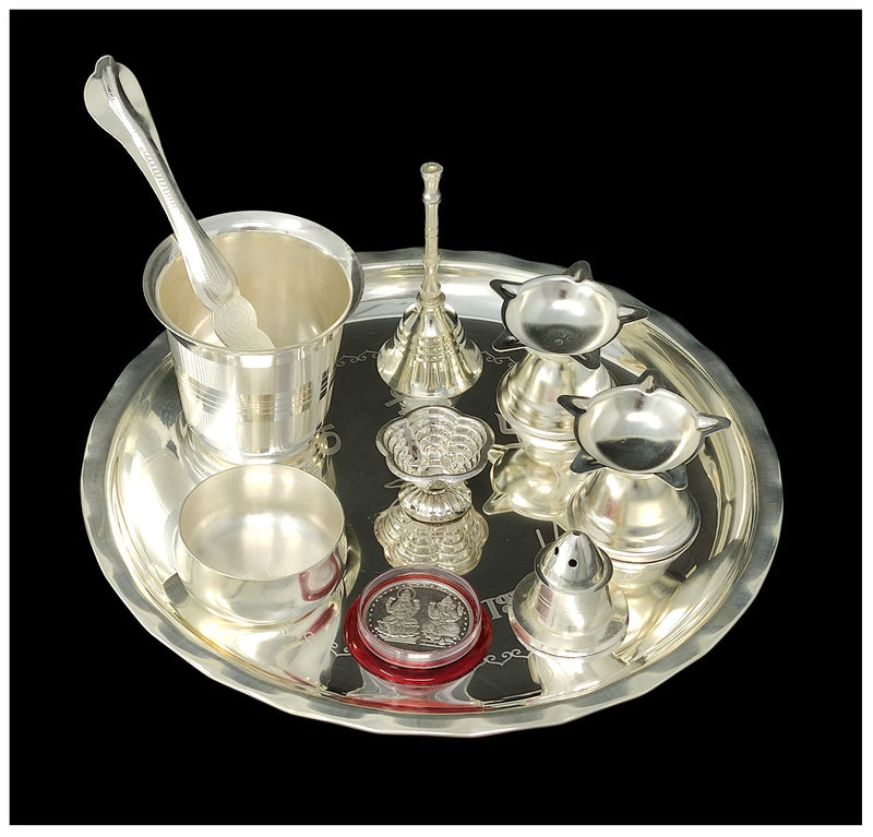 NOBILITY Silver Plated Pooja thali Set 8 Inch Plate Coin Glass Bowl Spoon Ghanti Diya Agarbatti Stand Puja Thali Decorative for Diwali Daily Home Mandir Office Wedding Return Gift Items