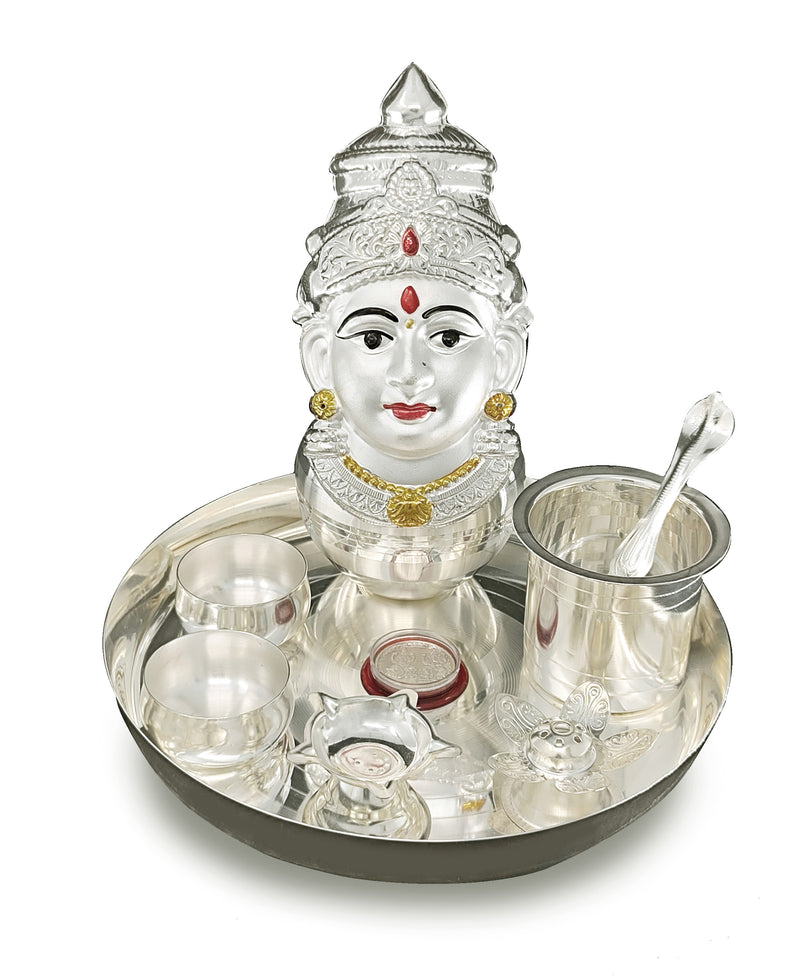 NOBILITY Silver Plated Pooja thali Set with Varalakshmi Devi Mukhota Idol Statue