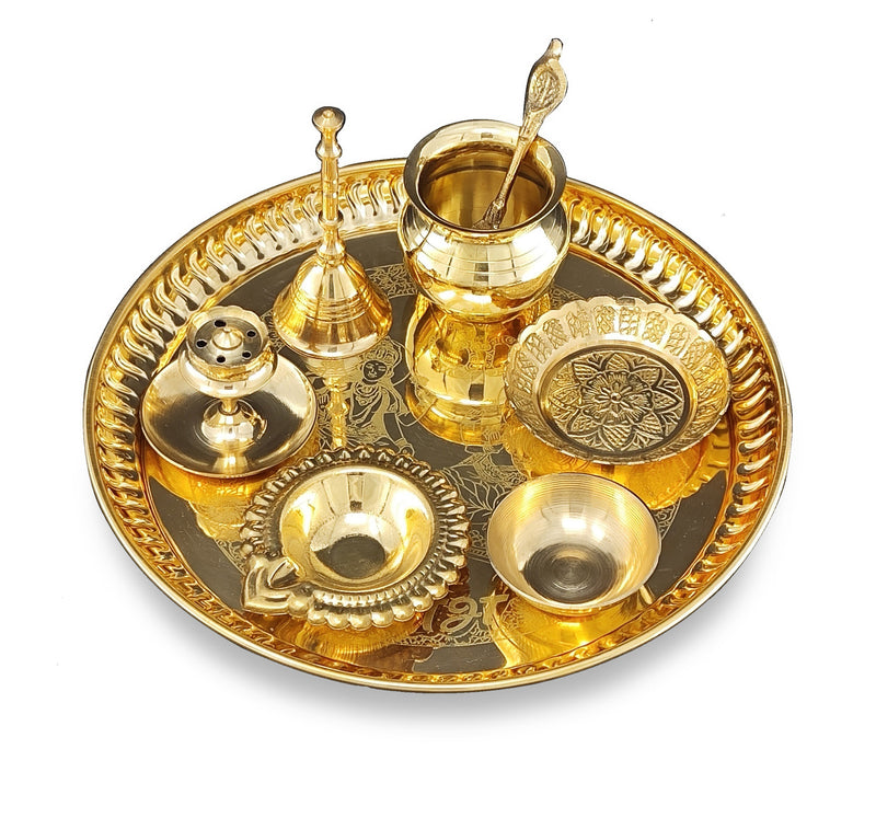 NOBILITY Brass Pooja Thali Set 8 Inch Puja Items with Pital Plate Kalash Palli Kangura Plate Chandan Vati Diya Dhup Dan Ghanti Arti Thali for Diwali Home Office Mandir Wedding Return Gift Items