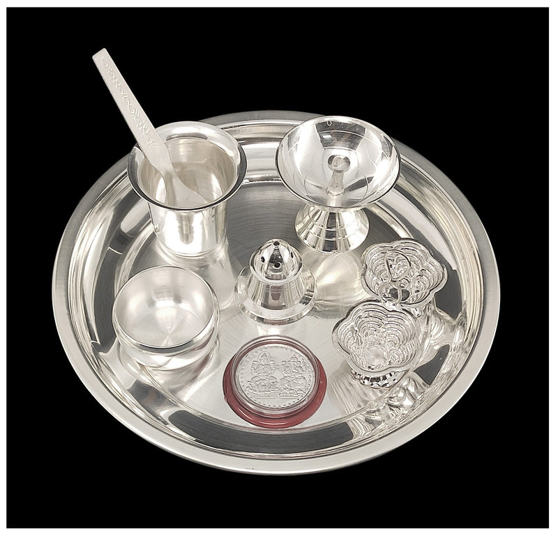 NOBILITY Silver Plated Pooja Thali Set 7 Inch with Coin, Diya and Accessories Puja Decorative Items for Home Mandir Office Wedding Return Gift