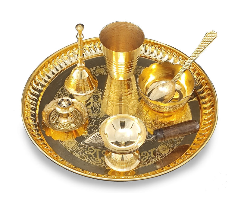 NOBILITY Brass Pooja Thali Set 8 Inch with Pital Puja Plate Glass Bowl Spoon Diya Ghanti Dhup Dan Arti Thali for Diwali Home Office Mandir Wedding Return Gift Items