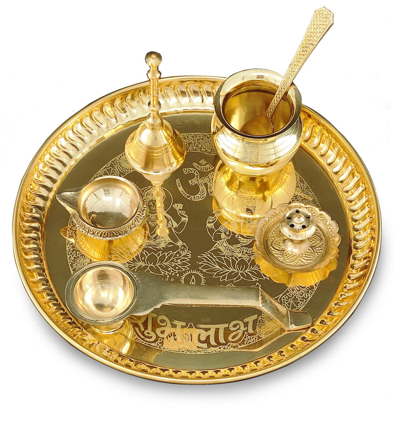 NOBILITY Brass Pooja Thali Set 8 Inch with Pital Plate Kalash Spoon Ghanti Kuber Diya Dhup Dan Golchi Arti Puja Thali for Diwali Home Mandir Office Wedding Return Gift Items