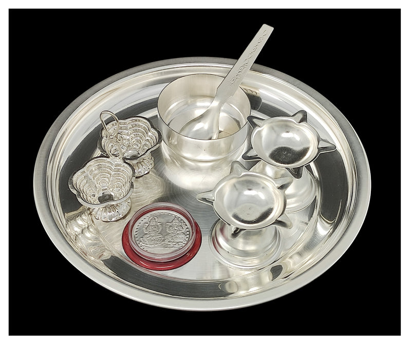 NOBILITY Silver Plated Pooja Thali Set 07 Inch with Coin and Accessories Puja Decorative Gift Items for Home Mandir Office Wedding Return