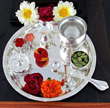 NOBILITY Pooja Thali Set 8 Inch Silver Plated with Accessories for Festival Ethnic Puja Thali for Diwali Home Temple Office Wedding Return Gift Items