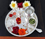 NOBILITY Pooja Thali Set 8 Inch Silver Plated with Accessories for Festival Ethnic Puja Thali for Diwali Home Temple Office Wedding Return Gift Items