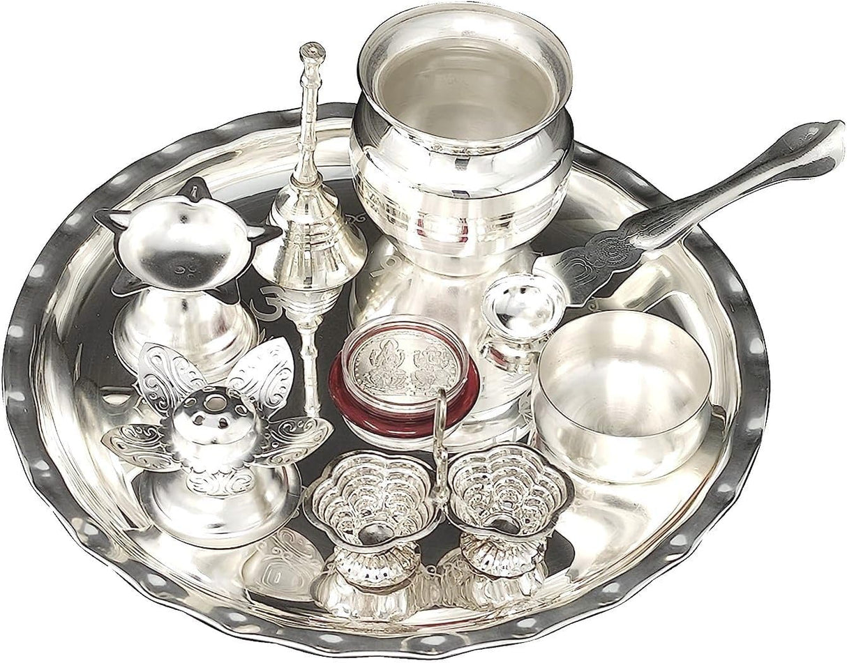NOBILITY Pooja Thali Set Silver Plated 8 Inch with Plate Ghanti Bowl Spoon Dhup Dan Diya Kumkum Holder Coin Puja Thali for Home Mandir Office Wedding Return Diwali Gift Items