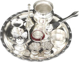 NOBILITY Pooja Thali Set Silver Plated 8 Inch with Plate Ghanti Bowl Spoon Dhup Dan Diya Kumkum Holder Coin Puja Thali for Home Mandir Office Wedding Return Diwali Gift Items