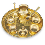 NOBILITY Brass Pooja thali 8 Inch with Kalash Kuber Diya Ghanti Spoon Bowl Dhup Dan Ganesh Lakshmi Design Puja Thali Set Festival Home Office Mandir Diwali Wedding Return Gift Items